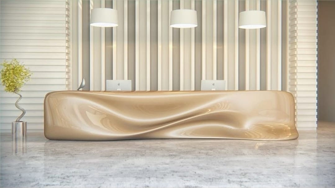 Drape reception desk in pearl gelcoat